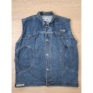 Vtg Leak Wear Mens Jean Jacket 2XL Long Sleeve Embroidered Biker Distressed Feel